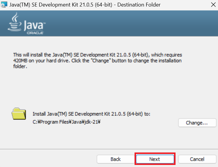 JDK21フォルダの保存場所設定画面