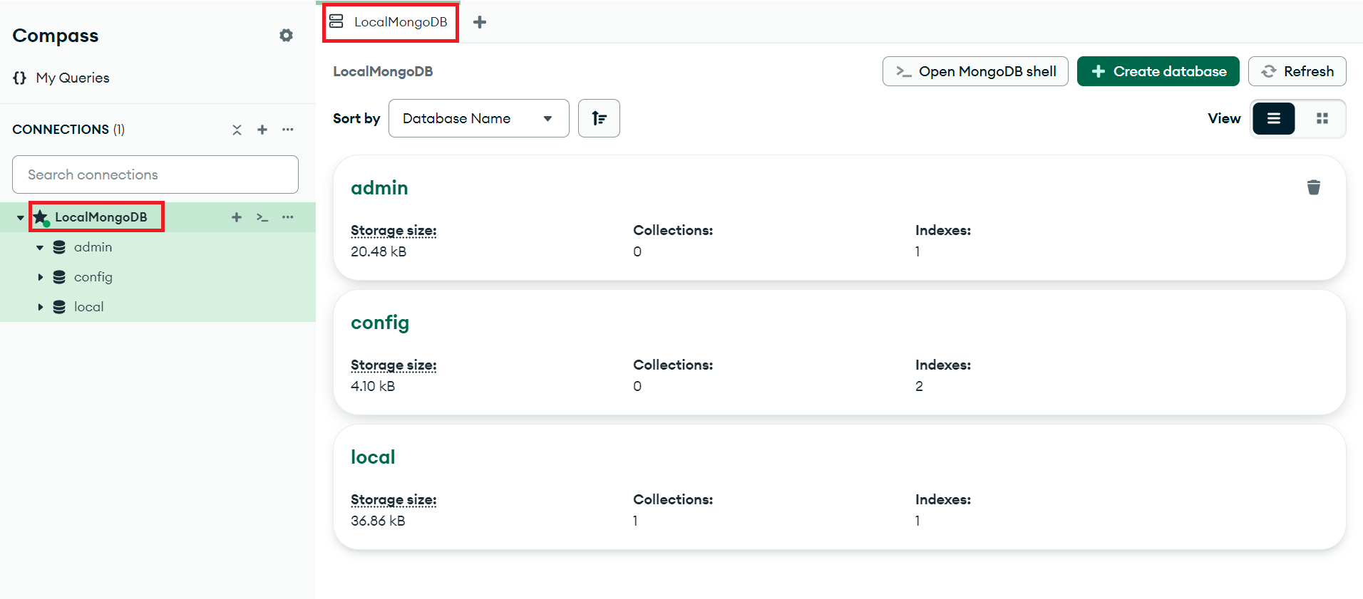 MongoDB Compass LocalMongoDB選択画面