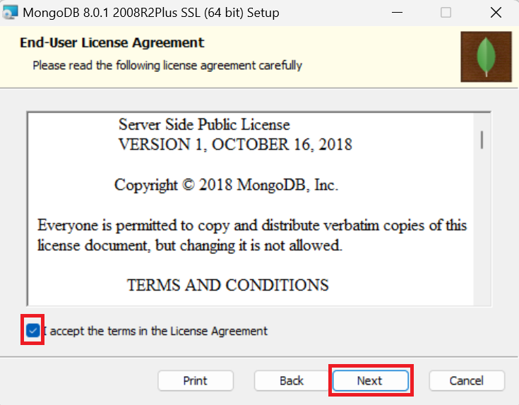 MongoDBサーバーインストーラーライセンス画面