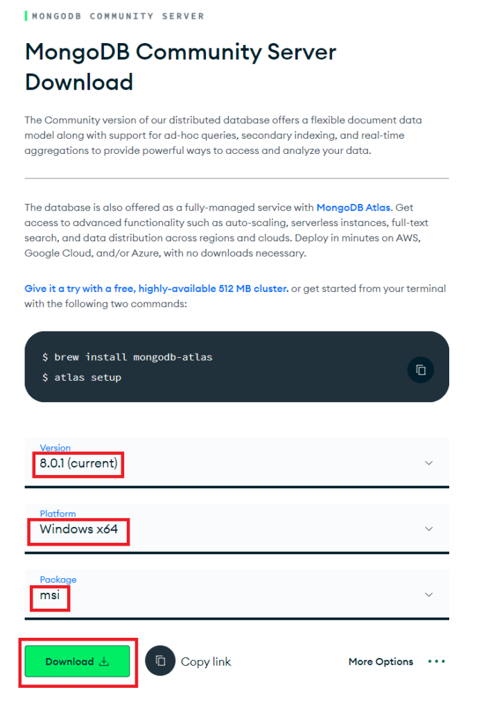 MongoDBサーバーダウンロード画面