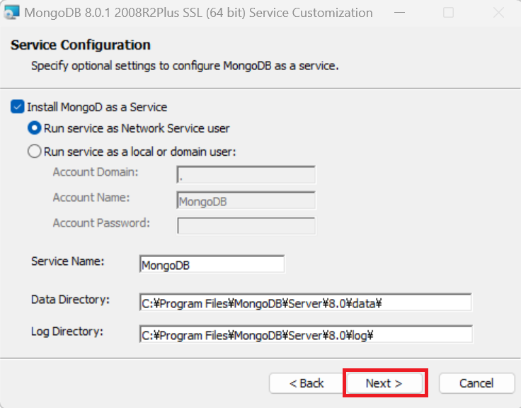 MongoDBサーバーインストーラーディレクトリ選択画面