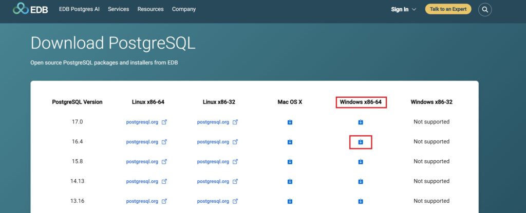 PostgreSQLのWindows版ダウンロード画面2
