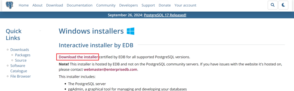 PostgreSQLのWindows版ダウンロード画面1